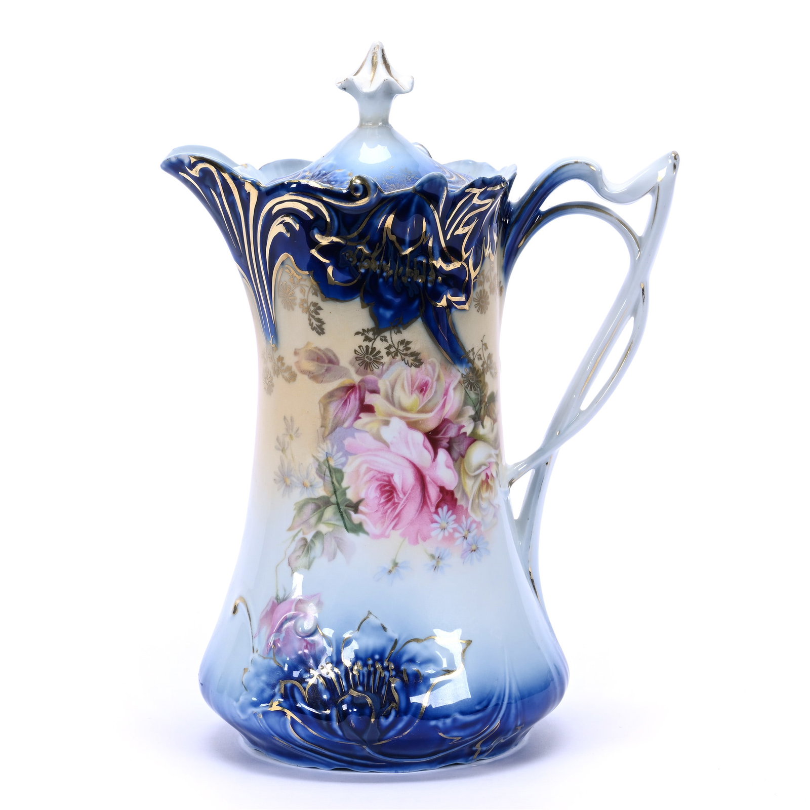 Chocolate Pot, Unmarked R.S. Prussia, Cream and Cobalt Blue: Chocolate Pot, Unmarked R.S. Prussia, Cream and Cobalt Blue, 9.5" x 7", Pink And Yellow Rose Decor, Finial Repair, Neal and Barbara Smith Private Collection, Alabama.