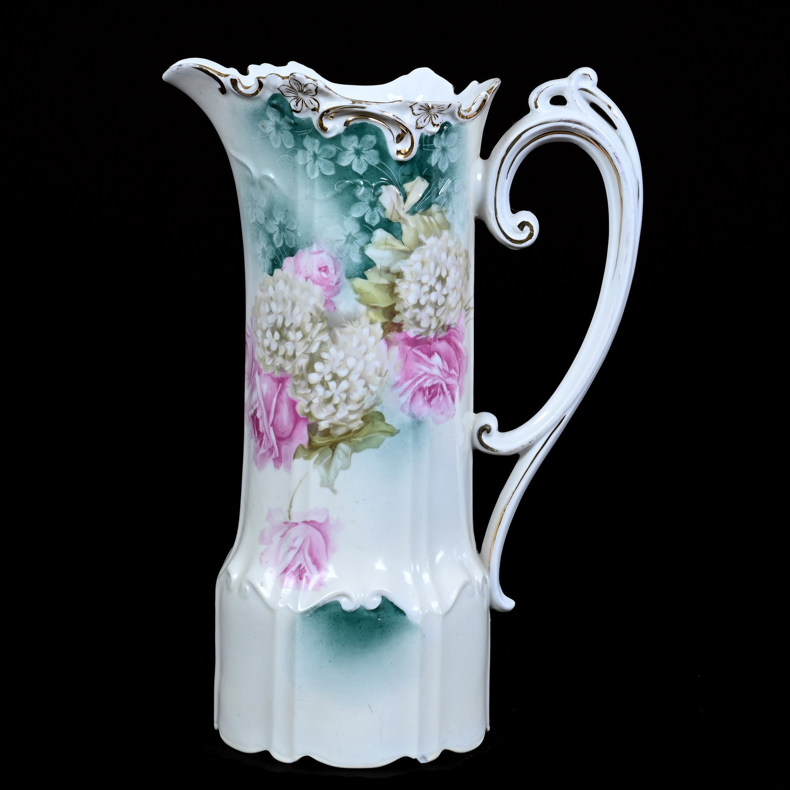 Tankard Marked R.S. Prussia, Snowball and Rose Decor, Green and Cream Tones: Tankard Marked R.S. Prussia, Snowball and Rose Decor, Green and Cream Tones, 11.5" x 8", Outside Rim Base Chip, Rim Chip, Neal and Barbara Smith Private Collection, Alabama.