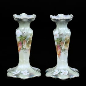 Pair Candlesticks Marked R.S. Poland, Poppy Decor, Green Satin Finish