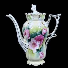 Coffee Pot Marked R.S. Prussia, Iris Mold, Pink Poppy Decor