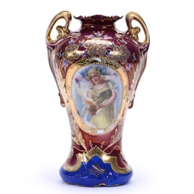 Vase, Two Handles, Marked Prov Saxe, Medallion Scene Of Woman With Flaming Heart