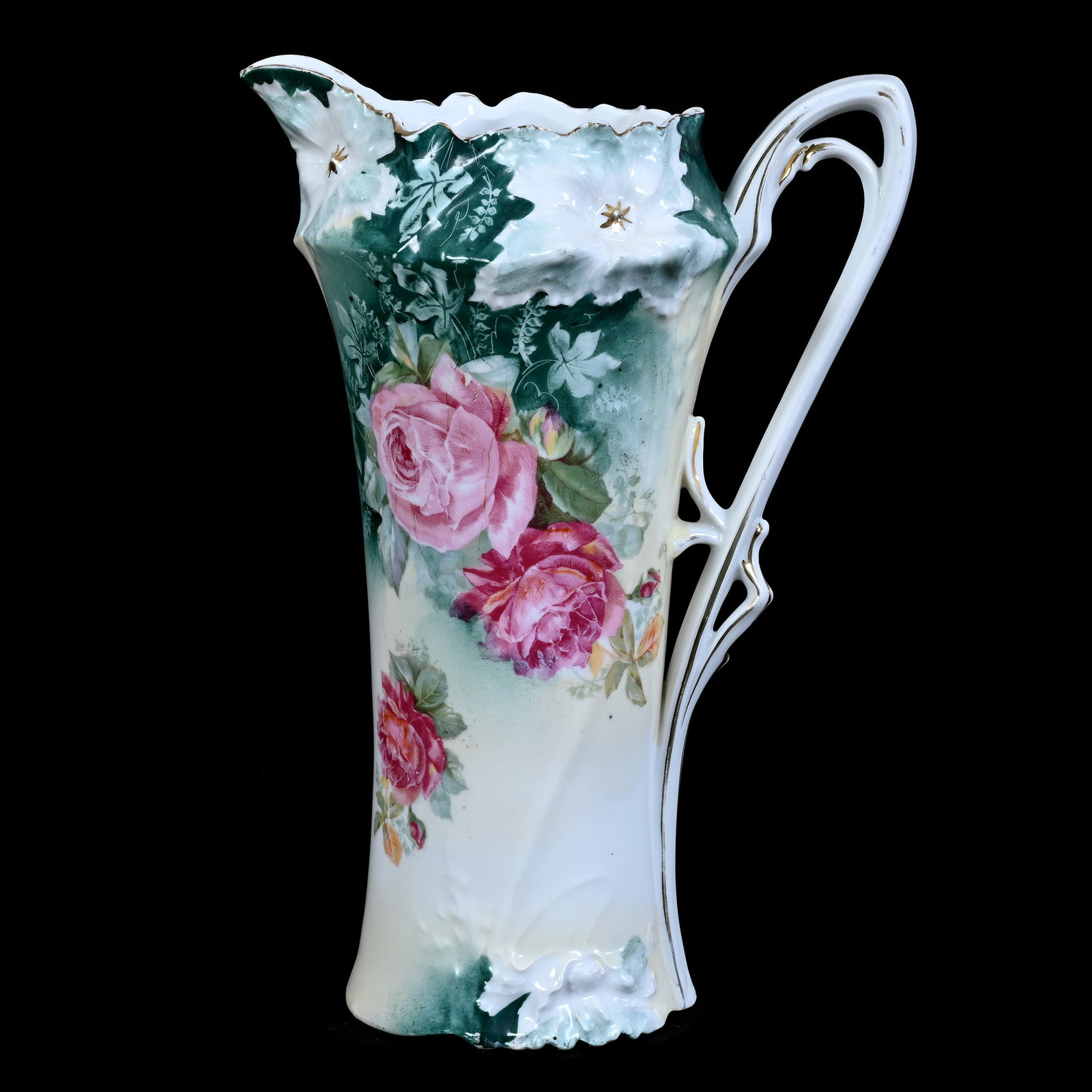 Tankard, Unmarked R.S. Prussia, Carnation Mold, Pink Rose Decor: Tankard, Unmarked R.S. Prussia, Carnation Mold, Pink Rose Decor, 11" x 7.5", Green, Yellow And White Tones, Neal and Barbara Smith Private Collection, Alabama.