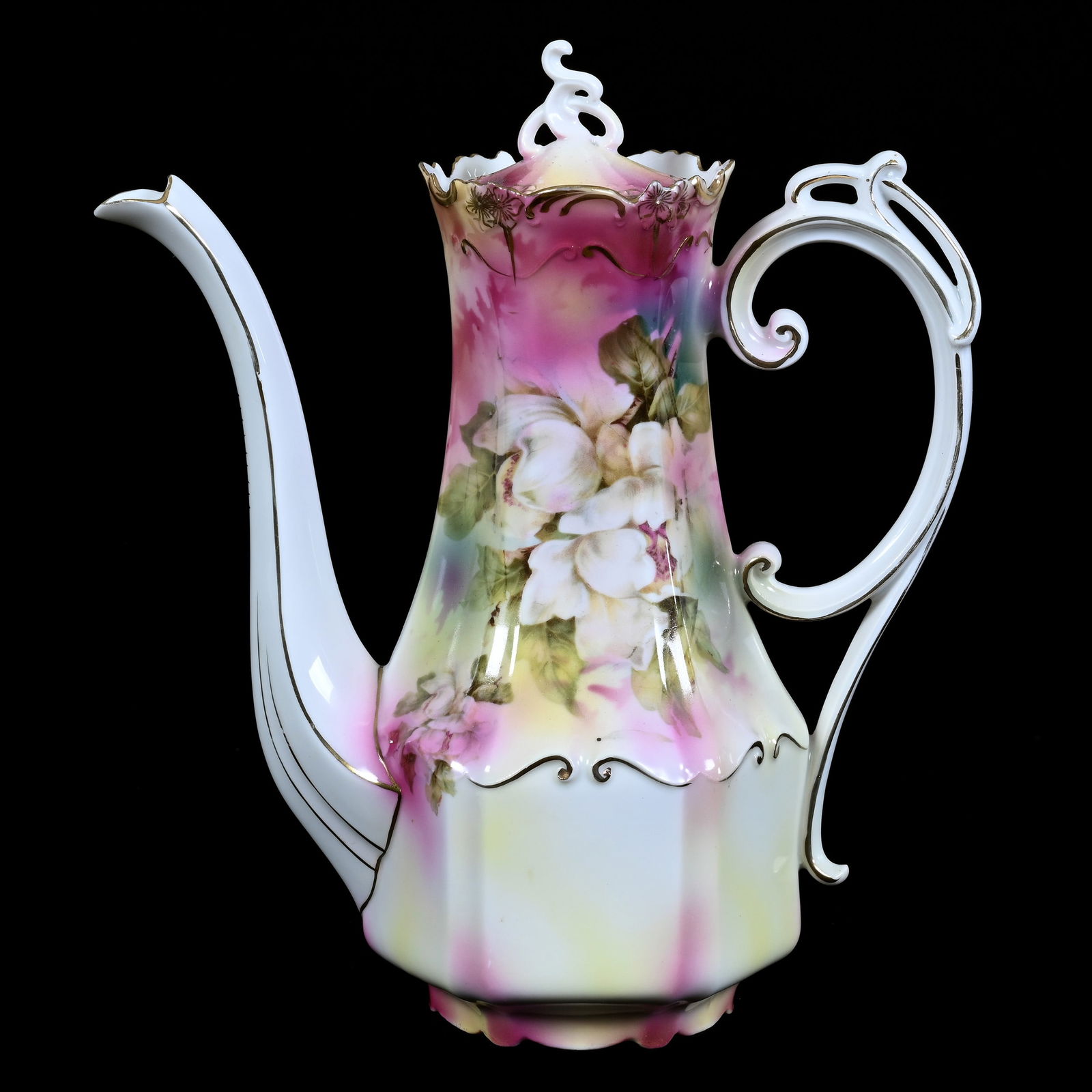 Coffee Pot Marked R.S. Prussia, Magnolia Decor, Pink and Yellow Tones (1 of 3)