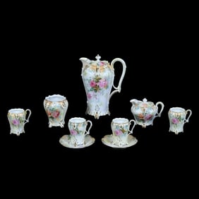Chocolate Set, Seven Piece, Marked R.S. Prussia, Pink Rose Decor