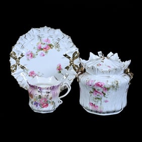 (3) Items, Bow Tie Mold, Unmarked R.S. Prussia, All With Floral Decor