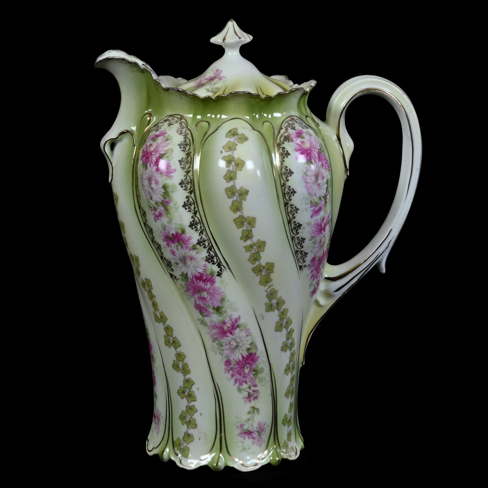 Chocolate Pot, Unmarked R.S. Prussia, Floral and Ivy Decor: Chocolate Pot, Unmarked R.S. Prussia, Floral and Ivy Decor, 9" x 6.75", Green And Yellow Tones, Neal and Barbara Smith Private Collection, Alabama.