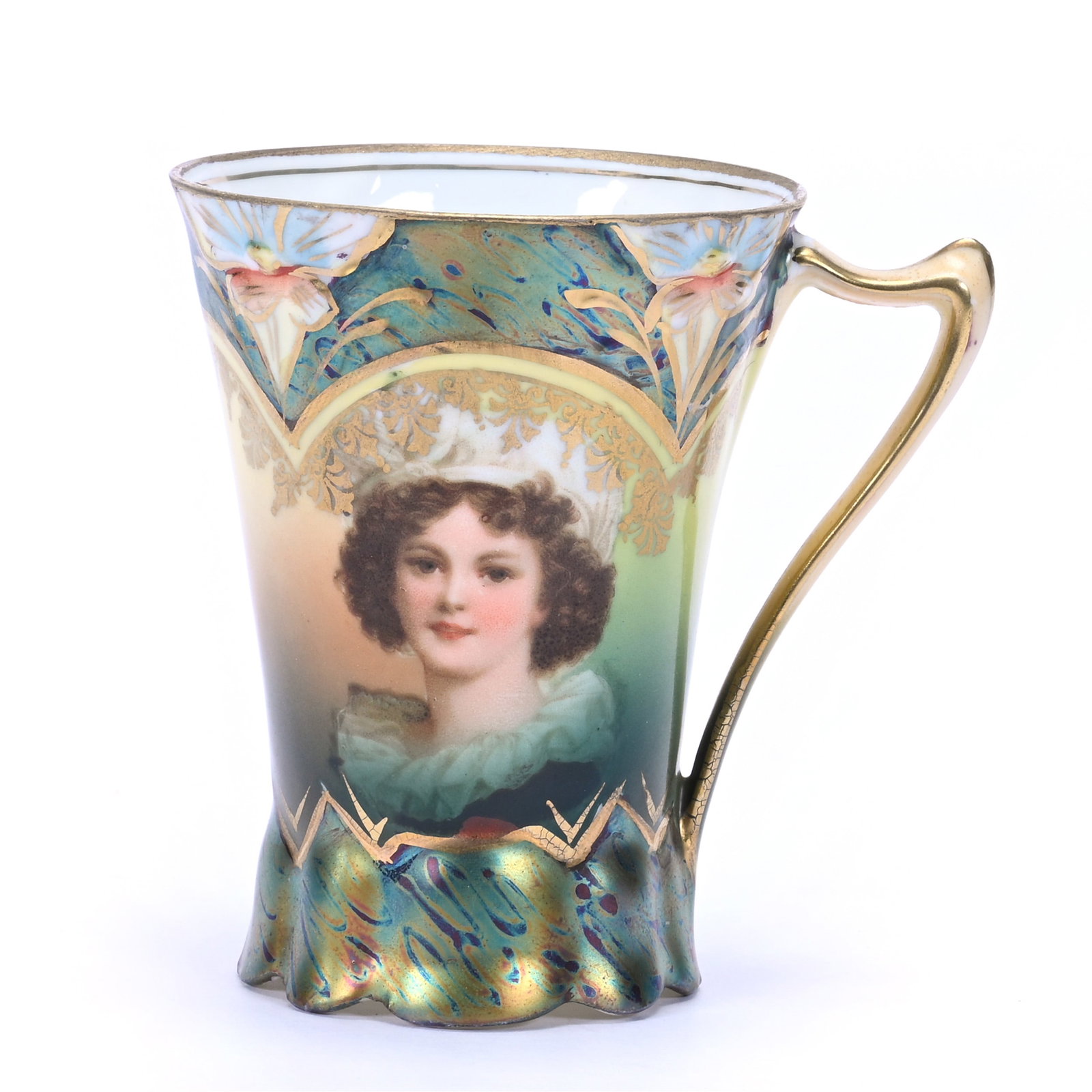 Chocolate Cup, Unmarked R.S. Prussia, Lily Mold, Lebrun With Hat Portrait: Chocolate Cup, Unmarked R.S. Prussia, Lily Mold, Lebrun With Hat Portrait, 2.75" x 3", Flawless Iridescent Peacock Tiffany Border, Neal and Barbara Smith Private Collection, Alabama.