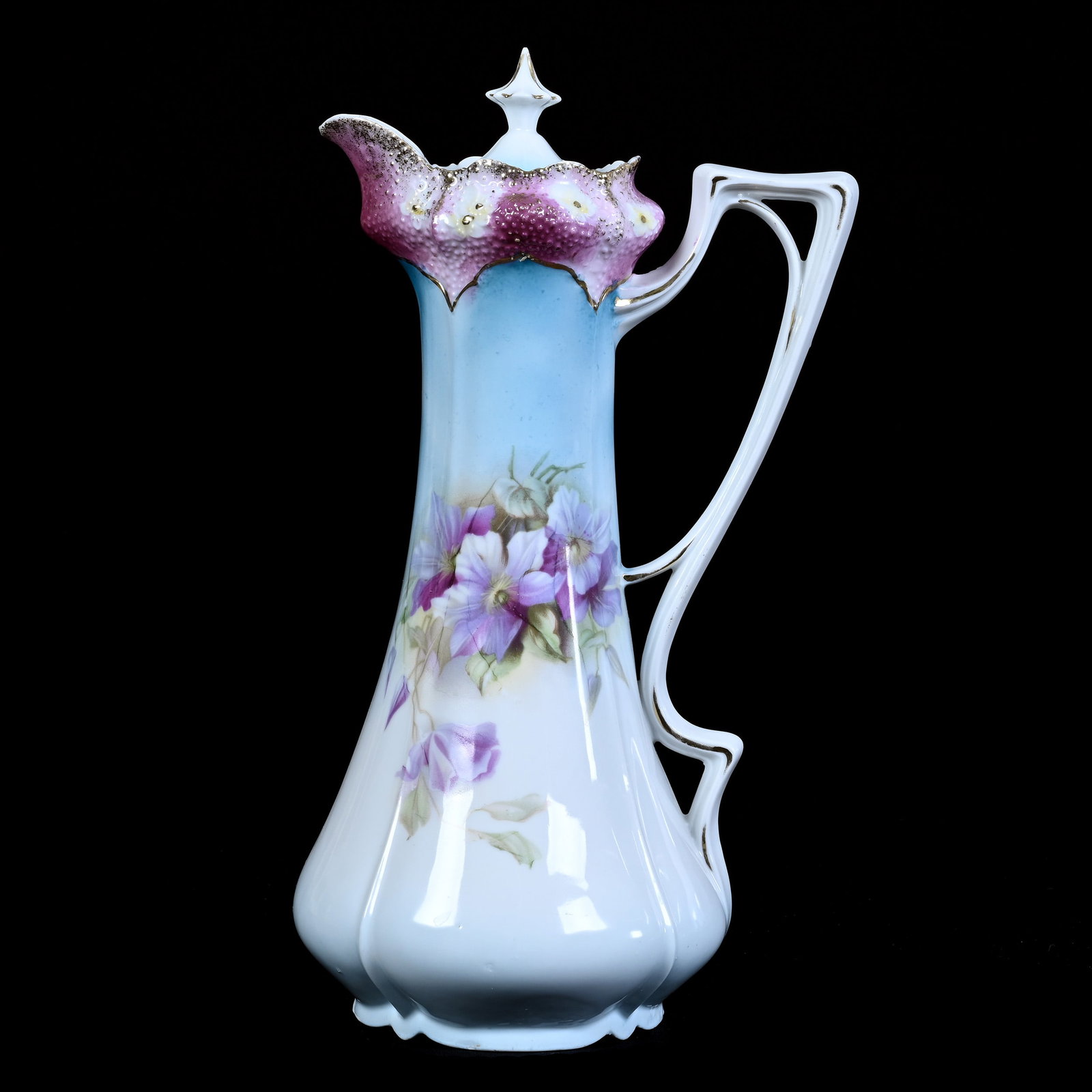 Chocolate Pot, Unmarked R.S. Prussia, Stipple Mold, Violet Decor: Chocolate Pot, Unmarked R.S. Prussia, Stipple Mold, Violet Decor, 11.75" x 6.5", Blue and White Tones, Pink Border, Small Chip On Lid Under Rim, Neal and Barbara Smith Private Collection, Alabama.