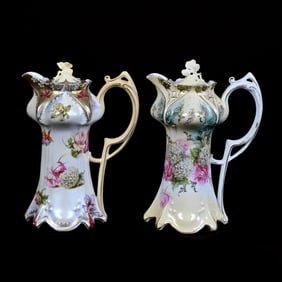(2) Chocolate Pots Marked R.S. Prussia, Point and Clover Mold