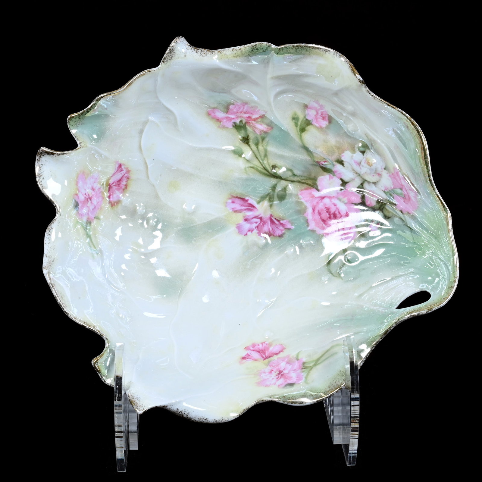Bowl, Unmarked R.S. Prussia, Lily Of Valley Mold, Floral Decor: Bowl, Unmarked R.S. Prussia, Lily Of Valley Mold, Floral Decor, 9.25" x 8.75", Green And Yellow Luster Finish, Neal and Barbara Smith Private Collection, Alabama.