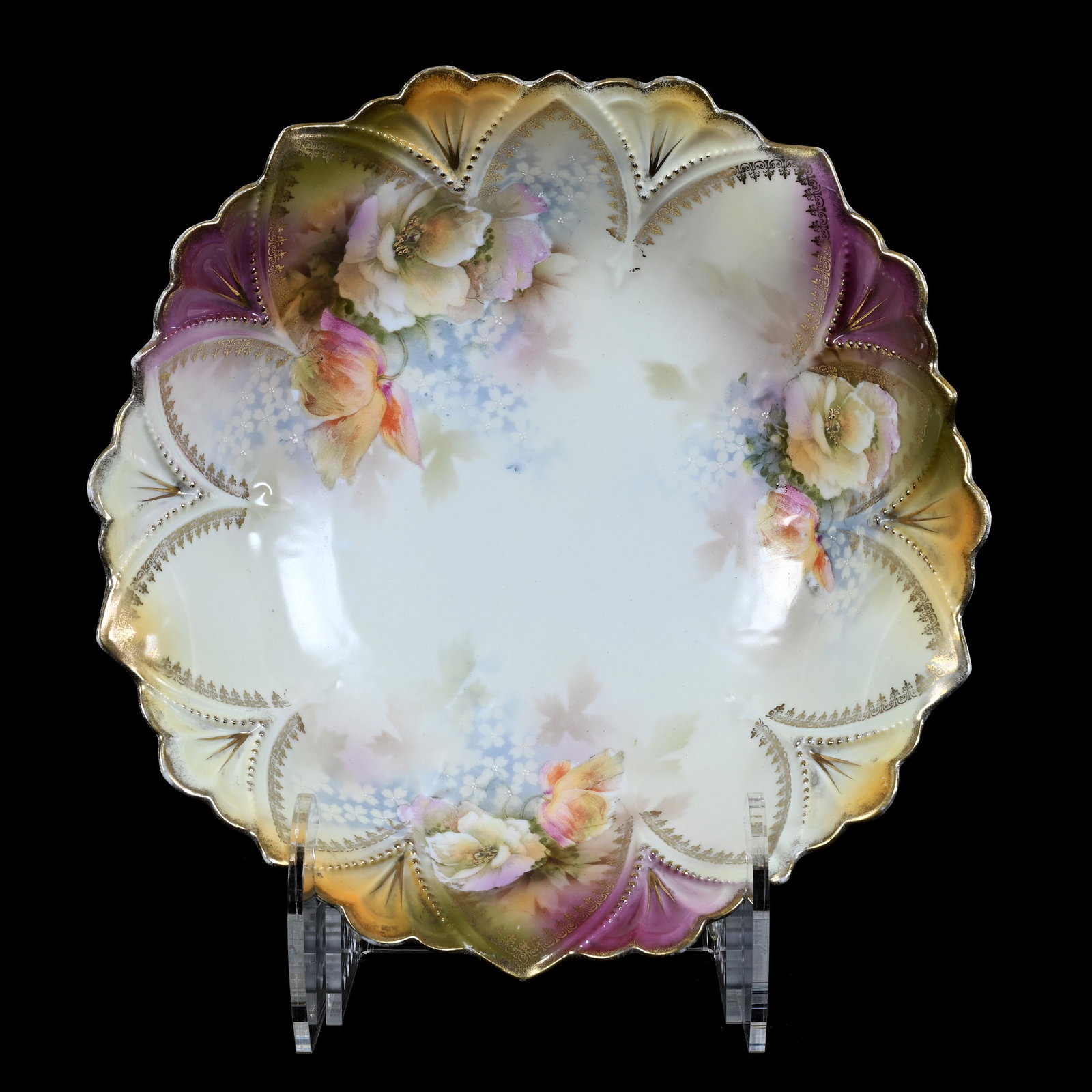 Bowl Marked R.S. Prussia, Poppy Decor, Yellow, Cream, Green and Lavender: Bowl Marked R.S. Prussia, Poppy Decor, Yellow, Cream, Green and Lavender, 10", Neal and Barbara Smith Private Collection, Alabama.