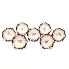 (7) Berry Dishes, Unmarked Prussia, Rose Decor, Cobalt Blue Border