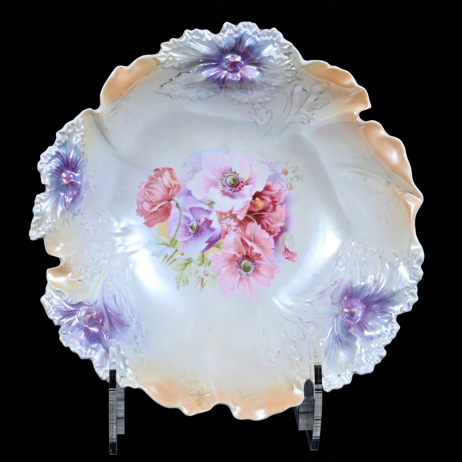 Bowl Marked R.S. Prussia, Carnation Mold, Poppy Decor: Bowl Marked R.S. Prussia, Carnation Mold, Poppy Decor, 9.25", White, Lavender And Peach Satin Finish, Neal and Barbara Smith Private Collection, Alabama.
