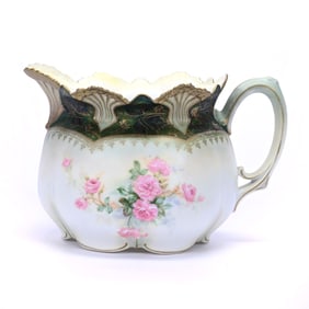 Pitcher Marked R.S. Prussia, Pink Rose Decor, Exceptional Green Tiffany Border