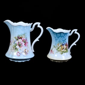 (2) Pitchers, Unmarked R.S. Prussia, Same Mold and Decor Of Wild Floral
