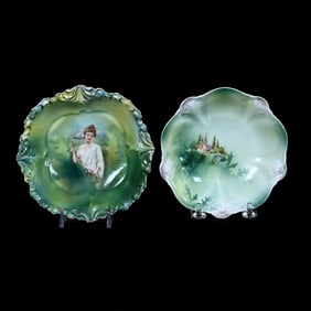 (2) Berry Bowls, R.S. Prussia, Scenic Decors, Green and Yellow