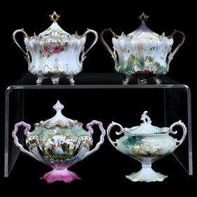 (4) Sugar Bowls, Assorted, Various Scenes and Decors, Unmarked R.S. Prussia