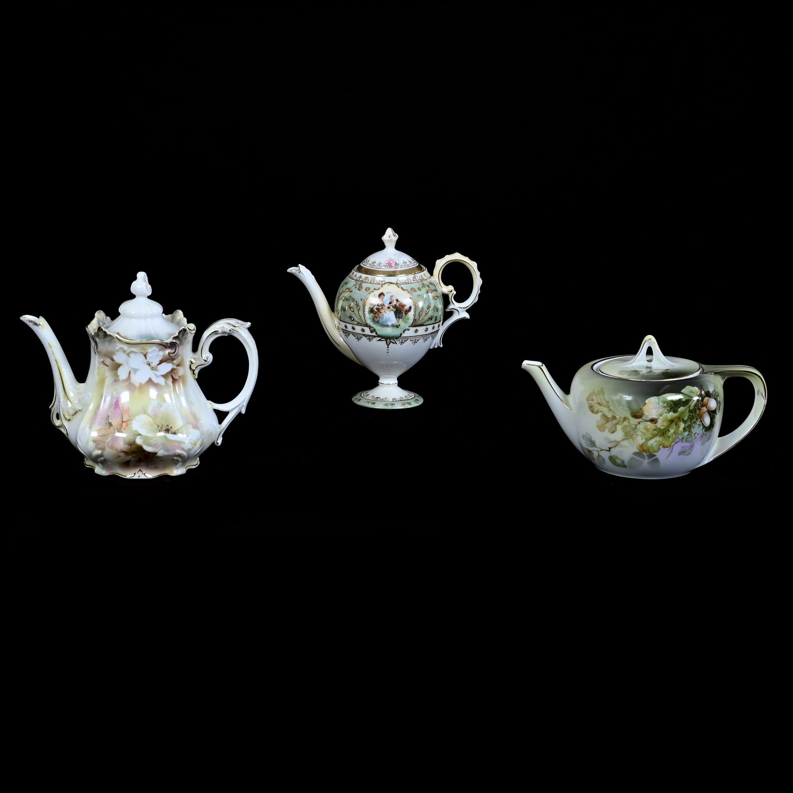 (3) Tea Pots, R.S. Prussia and Tillowitz: (3) Tea Pots, R.S. Prussia and Tillowitz, (1) 6.5" x 7.5", Poppy Decor, Luster Finish, Unmarked, Wrong Lid, (1) 6.5" x 7" Pedestal Pot, Courting Scene Medallion, Green And White, Lid Is Right Shape Bu