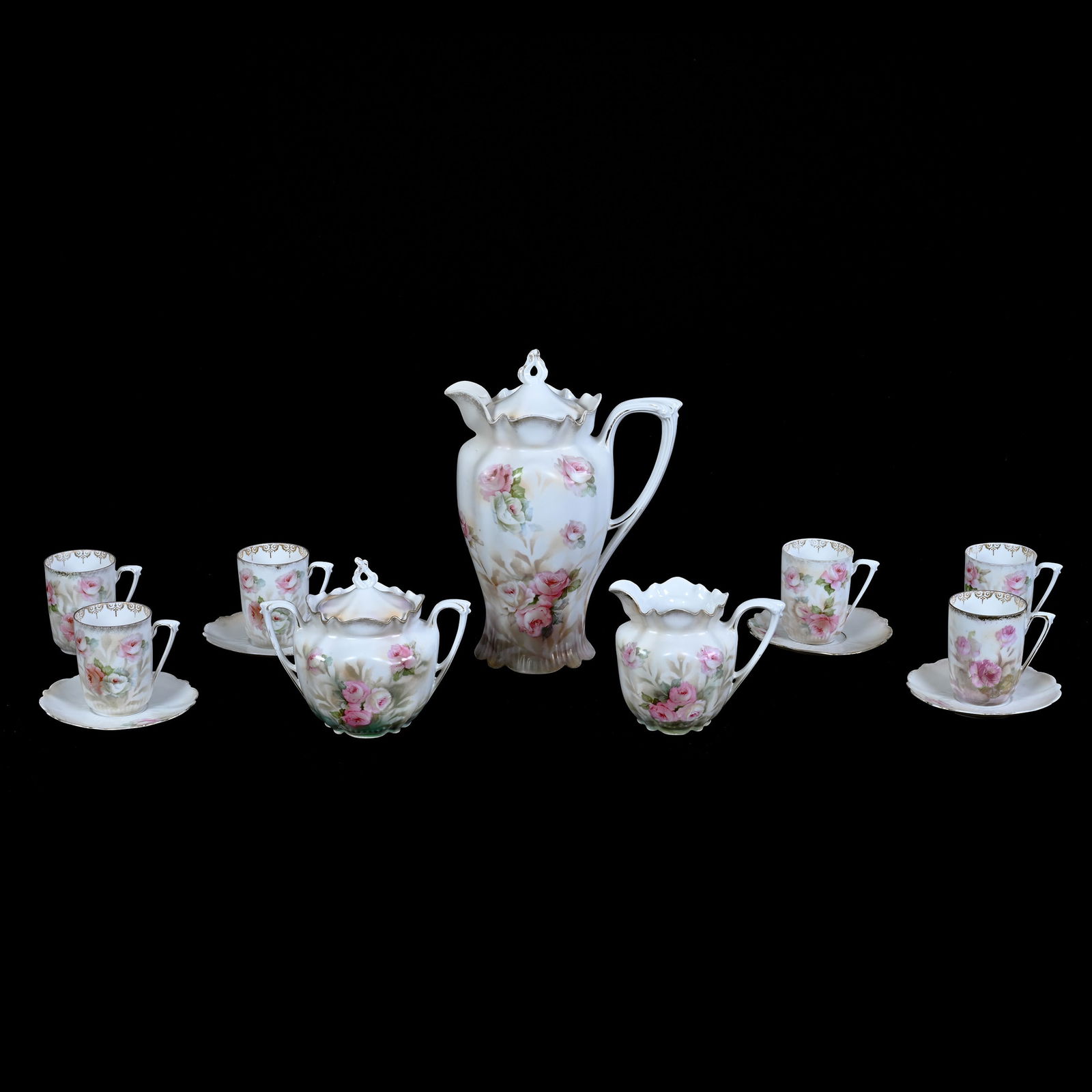 Chocolate Set Marked R.S. Prussia, Pink Rose Decor, White Satin Finish (1 of 5)