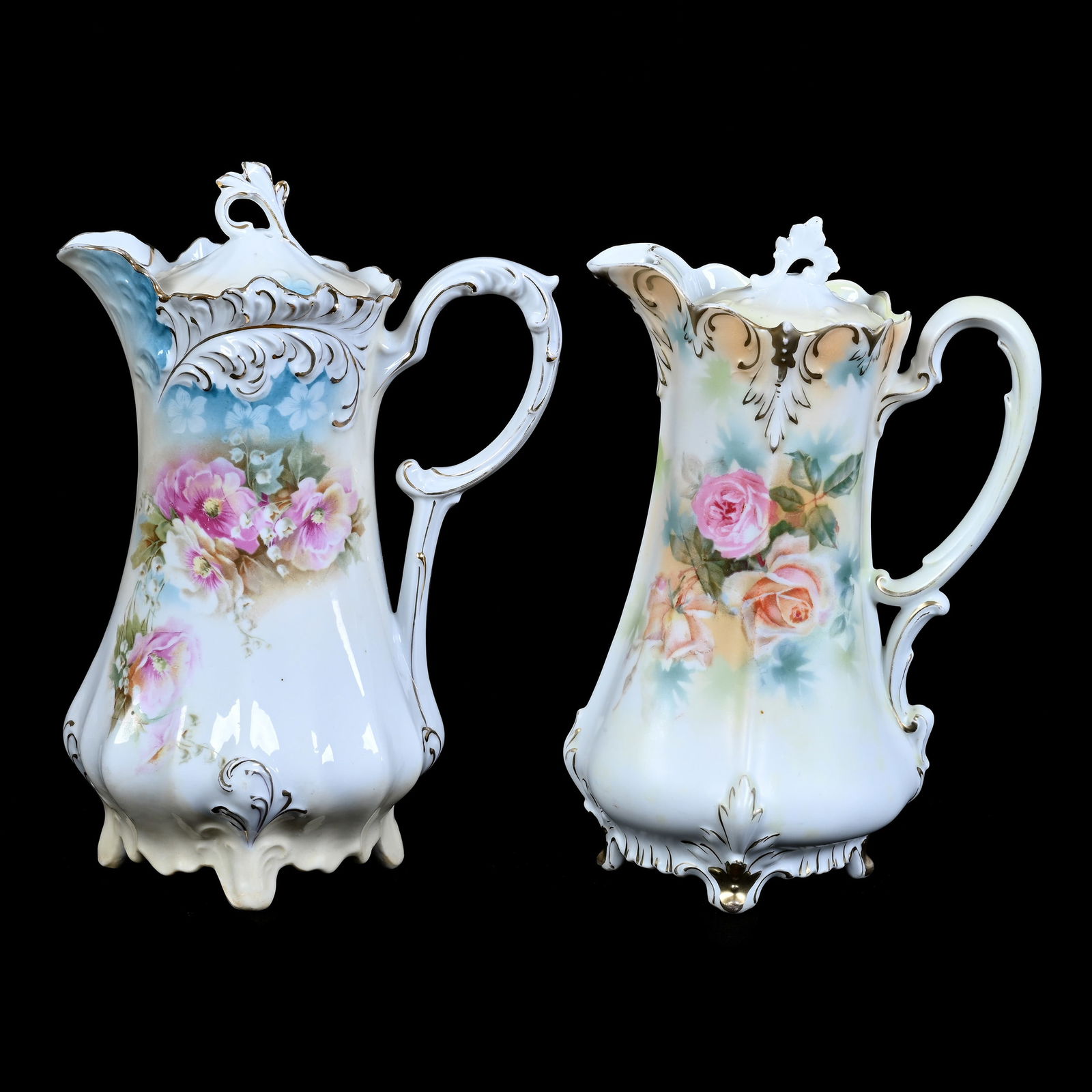 (2) Chocolate Pots Marked R.S. Prussia, Floral Decor On Both (1 of 4)