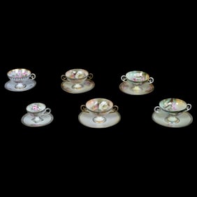 (6) Pedestal Cups and Saucers Marked R.S. Prussia, Floral Decor