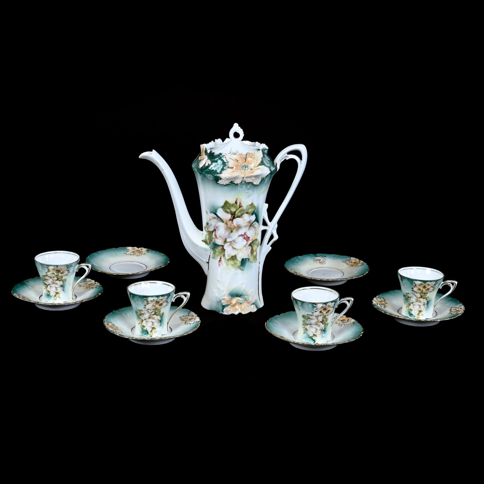 Coffee Set Marked R.S. Prussia, Carnation Mold, Magnolia Decor: Coffee Set Marked R.S. Prussia, Carnation Mold, Magnolia Decor, Green and White Tones, (1) 9" x 8" Chocolate Pot, Wrong Lid With Rim Chip, Spout Chip (4) Cups and Saucers, Two Extra Saucers, Neal and 