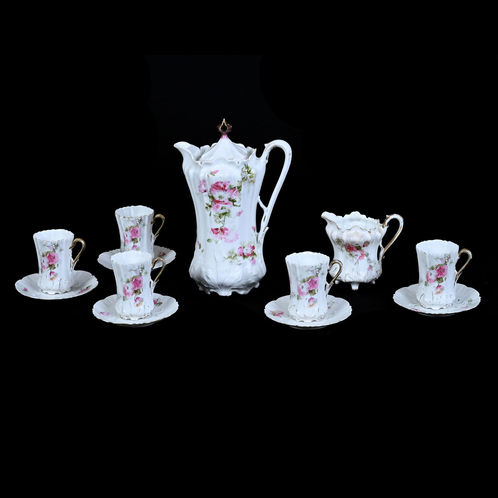 Chocolate Set, Unmarked R.S. Prussia, White Satin With Pink Floral Decor: Chocolate Set, Unmarked R.S. Prussia, White Satin With Pink Floral Decor, (1) 9.5" x 6.5" Chocolate Pot, (5) Matching Cups and Saucers, One Saucer With Serious Rim Repair, Also Selling Matching Creame