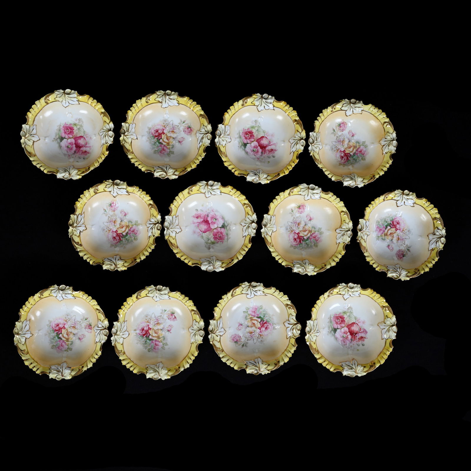 (12) Berry Dishes Marked R.S. Prussia, Cream and White Center, Yellow Border, Various Floral Decors (1 of 2)