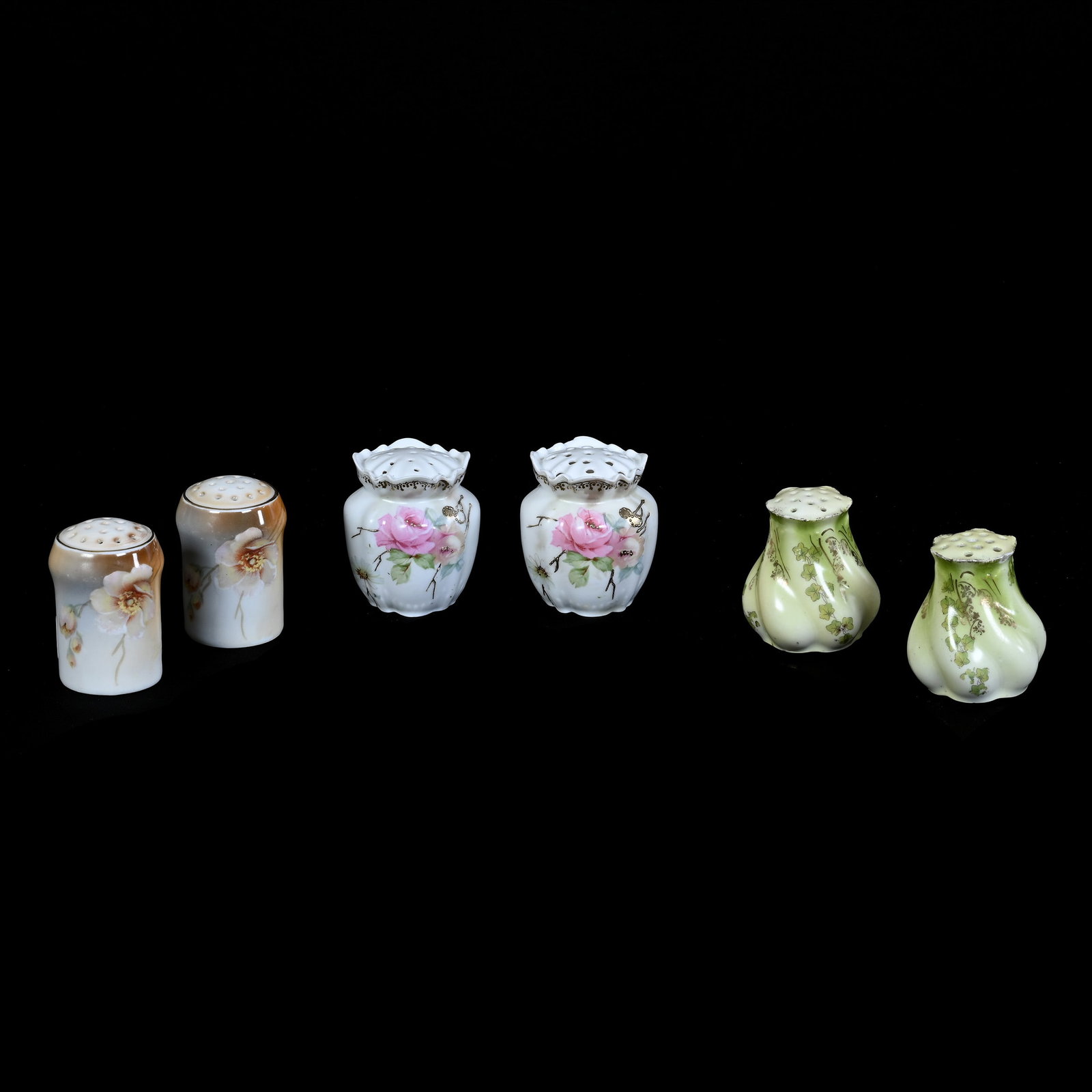 Three Pair Salt and Pepper Shakers, Floral Decor: Three Pair Salt and Pepper Shakers, Floral Decor, 2.5" approximately, (1) Unmarked Germany, Brown and White, (1) Unmarked Prussia, Green and Yellow Tones, Rim Chips On One, (1) Marked R.S. Prussia, Wh