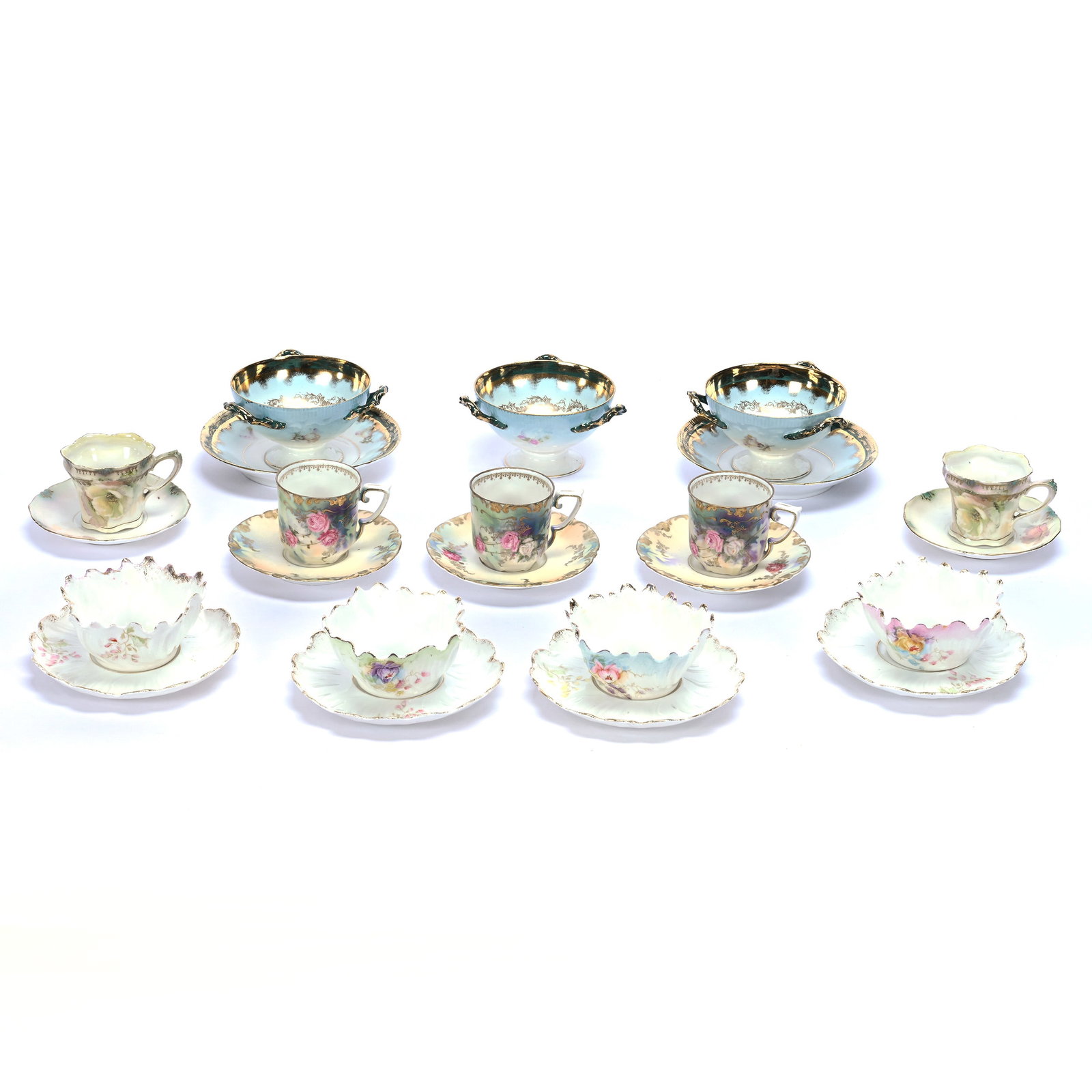 (12) Cups and Saucers, Various Styles and Decors: (12) Cups and Saucers, Various Styles and Decors, Boullion Cups, Three Handles, Missing One Saucer, View Photos For Details, Neal and Barbara Smith Private Collection, Alabama.