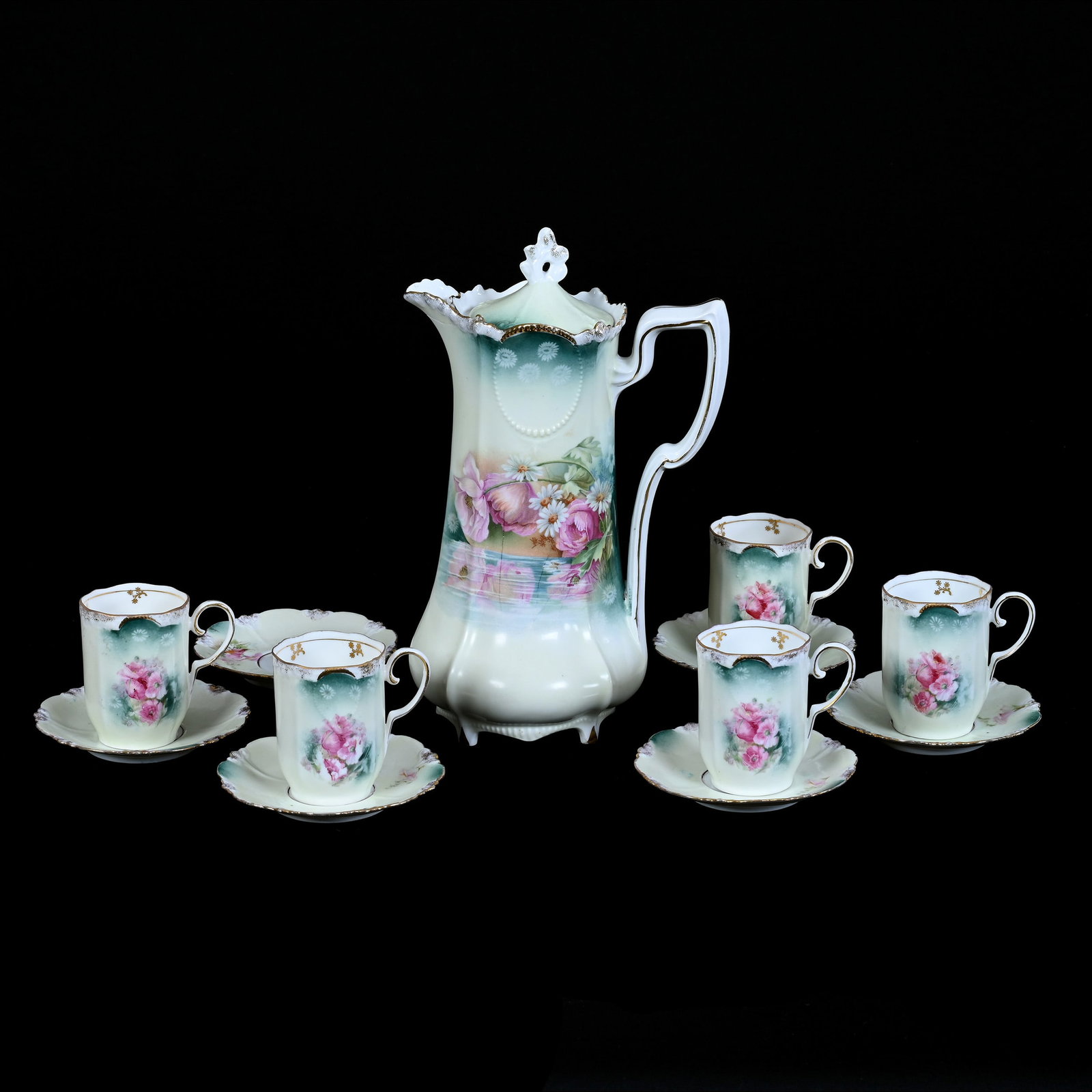 Chocolate Set Marked R.S. Prussia, Medallion Mold, Reflecting Floral Decor: Chocolate Set Marked R.S. Prussia, Medallion Mold, Reflecting Floral Decor, Green Tones, (1) 10.5" x 6.5" Pot, Small Roughness On Finial, (5) Cups, (6) Saucers, Hairline In One Saucer, Neal and Barbar