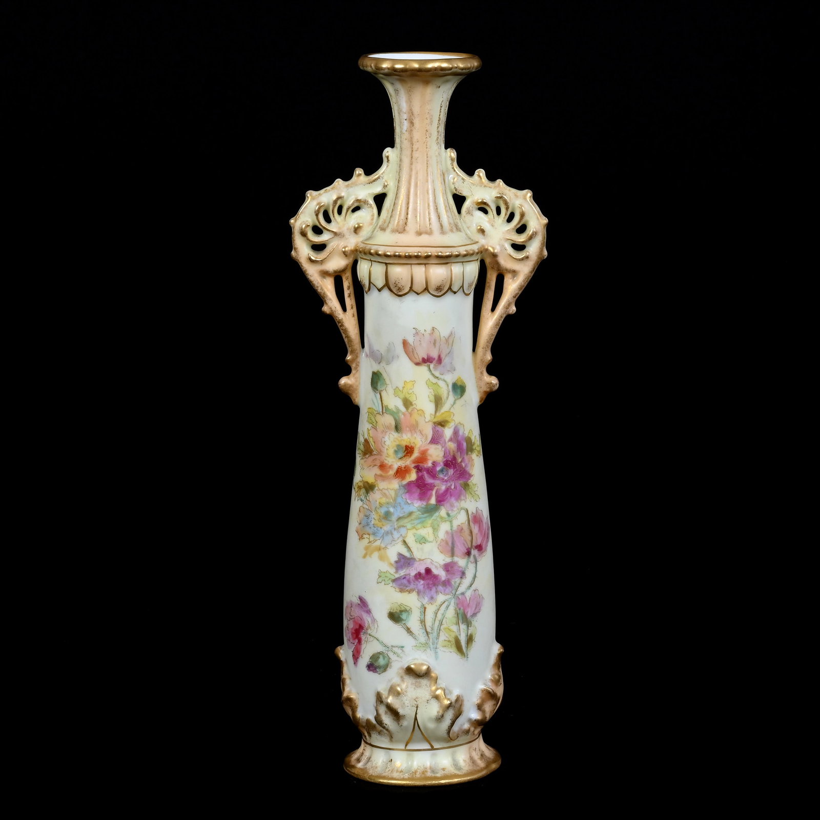 Vase, Two Handles, Unmarked Royal Bonn Style: Vase, Two Handles, Unmarked Royal Bonn Style, 9.5" x 3.5", Colorful Floral Decor, Cream Tones, Neal and Barbara Smith Private Collection, Alabama.