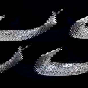 Pair Figural Canoe Relish Dishes, ABCG, Full Crosscut Diamond Pattern - Marked Shreve & Co.: Pair Figural Canoe Relish Dishes, American Brilliant Cut Glass, Full Crosscut Diamond Pattern - Marked Shreve & Co., 4.25" x 9.75" x 2.75", Elaborate Sterling Silver Ends In The Style Of Native
