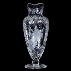 Pedestal Pitcher, ABCG, Extremely Finely Engraved Featuring Woman On Swing, Signed Hawkes