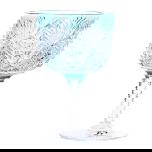 Wine Stem, ABCG, Turquoise Cut To Clear, Venetian Pattern By Hawkes: Wine Stem, American Brilliant Cut Glass, Turquoise Cut To Clear, Venetian Pattern By Hawkes, 4.375" x 2.625", Ray Cut Foot, Eleanor Eulau Collection.