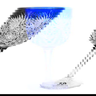 Wine Stem, ABCG, Cobalt Blue Cut To Clear, Venetian Pattern By Hawkes: Wine Stem, American Brilliant Cut Glass, Cobalt Blue Cut To Clear, Venetian Pattern By Hawkes, 4.375" x 2.625", Ray Cut Foot, Eleanor Eulau Collection.
