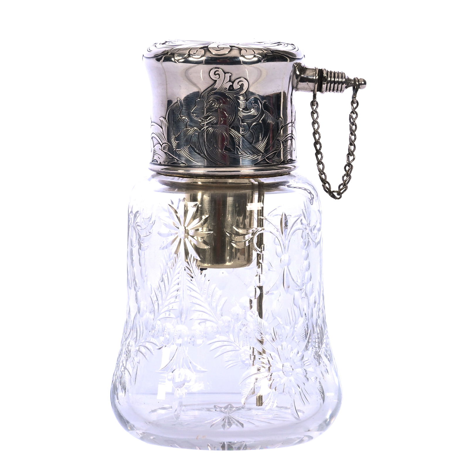 Atomizer, ABCG, Engraved Garland Motif: Atomizer, American Brilliant Cut Glass, Engraved Garland Motif, 4.5" x 2.5", Engraved Gorham Sterling Top, #D1619, Eleanor Eulau Collection.