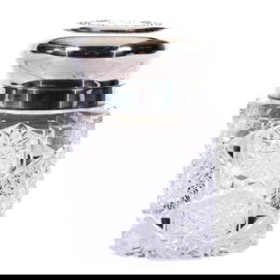 Lavender Salts Bottle, ABCG: Lavender Salts Bottle, American Brilliant Cut Glass, 4.5" x 3", Hobstar, Strawberry Diamond, And Miter Motif, Hobstar Cut Base, Original Glass Stopper, Sterling Flip Lid Marked Whiting #4551 Pat. 1893