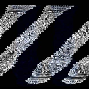 Pair Vases, ABCG, Hobstar & Bullseye Motif Attributed To Hawkes: Pair Vases, American Brilliant Cut Glass, Hobstar & Bullseye Motif Attributed To Hawkes, 12" x 4.75", Ray Cut Base, Very Sharp Cutting, California Private Collection.