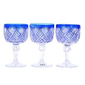 (3) Wine Stems, ABCG, Cobalt Blue Cut To Clear, Pattern #28 By Dorflinger