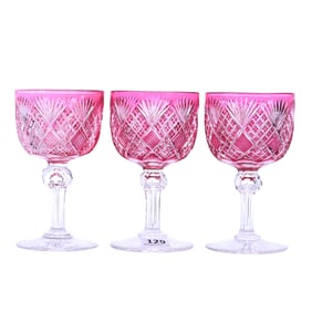 (3) Wine Stems, ABCG, Cranberry Cut To Clear, Pattern #28 By Dorflinger