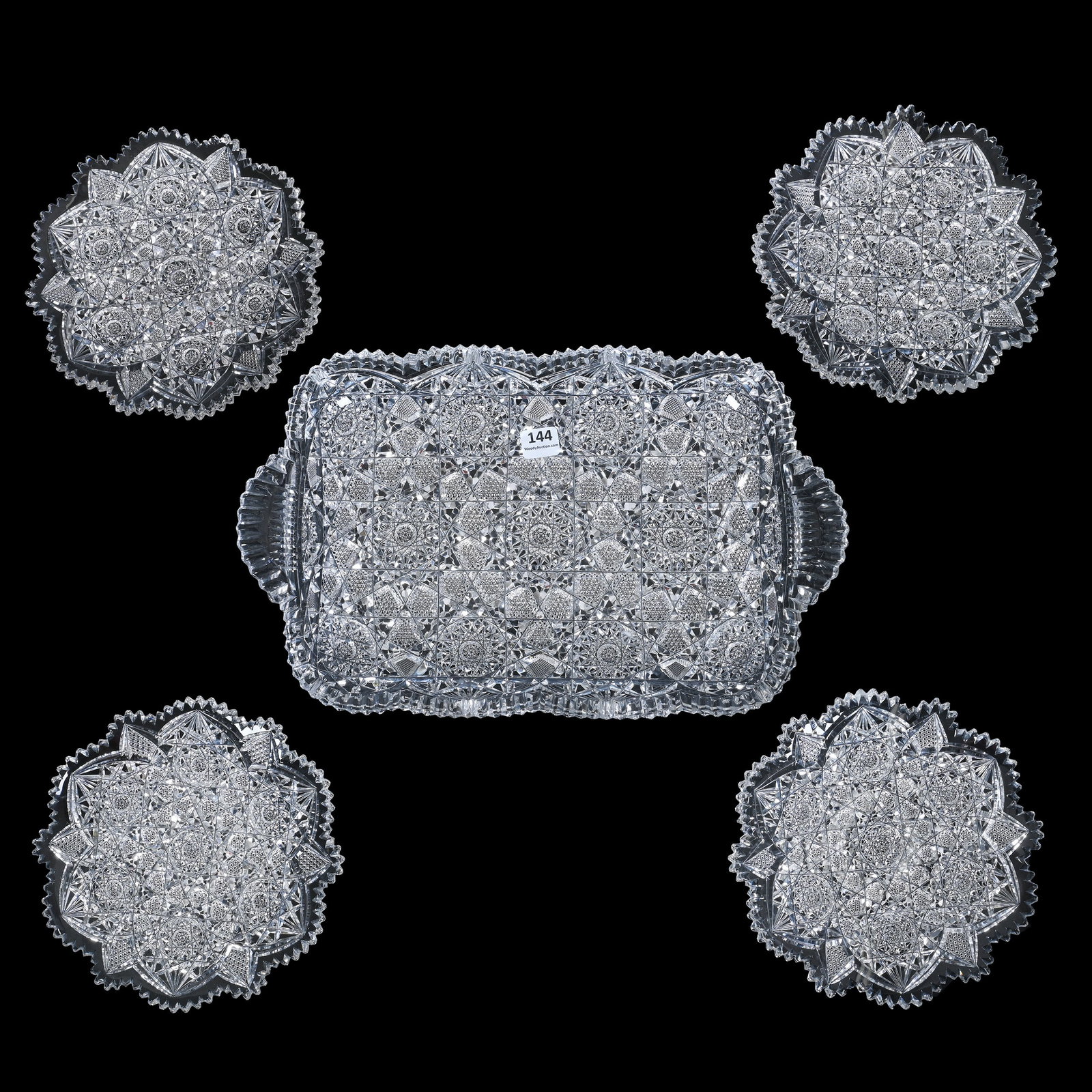 Ice Cream Set, ABCG, Seneca Pattern By Empire: Ice Cream Set, American Brilliant Cut Glass, Seneca Pattern By Empire, (1) 13.5" X 8.5" Rectangular Tray, (4) Matching 7" Plates, Tooth Chip On Tray, California Private Collection.