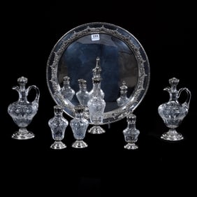 Table Service Set, Seven Piece, ABCG, All Pieces Have Engraved Floral Garland & Scroll Design