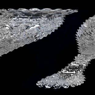 Punch Bowl, Two Part, ABCG, Signed Sinclaire Coromandel Pattern, Magnificent: Punch Bowl, Two Part, American Brilliant Cut Glass, Signed Sinclaire Coromandel Pattern, Magnificent, 15.25" x 15.5", Interlocking Hobstars With Honeycomb Highlights, Extraordinary Example! Exactly As