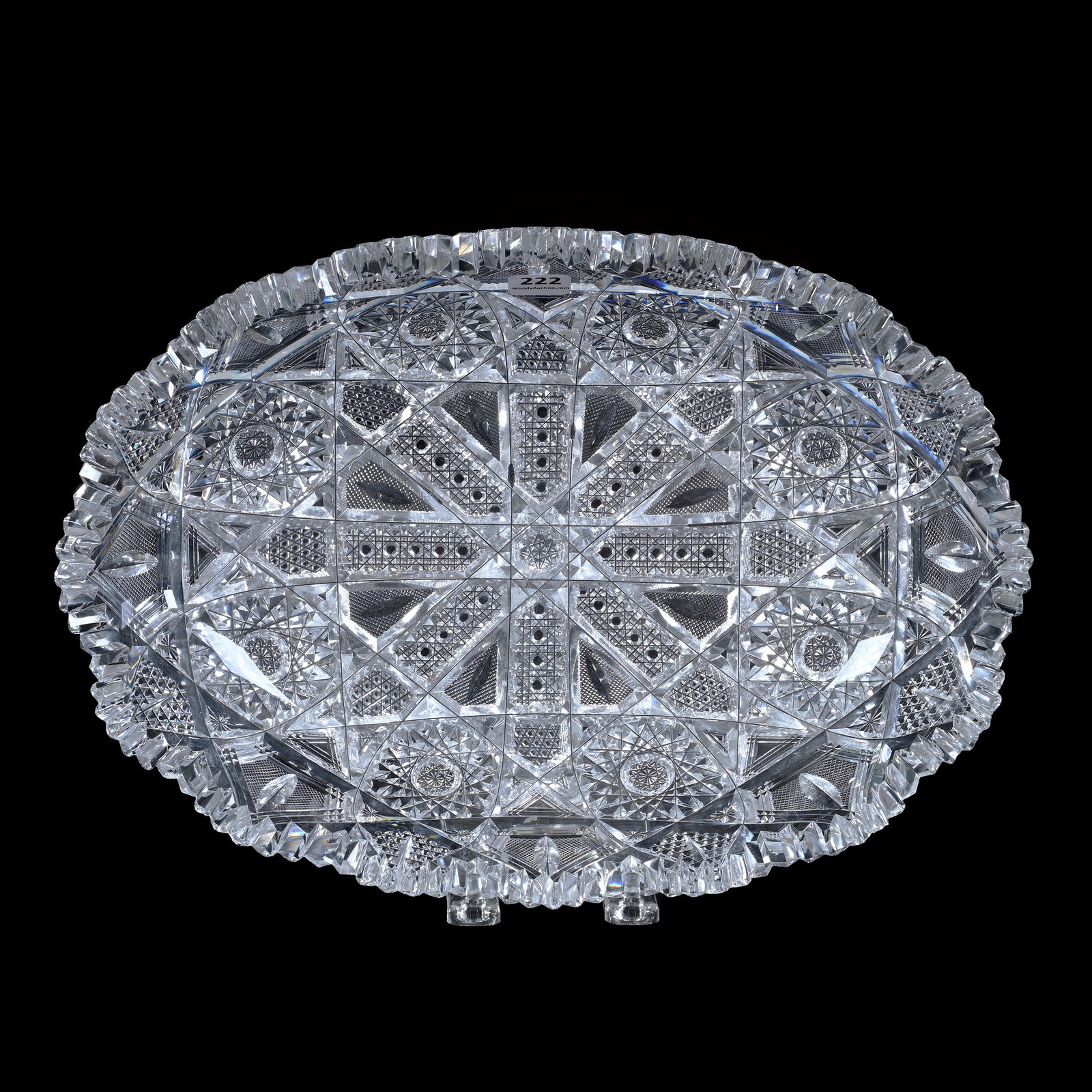 Oval Vegetable Dish, ABCG, Well Cut: Oval Vegetable Dish, American Brilliant Cut Glass, Well Cut, 2.5" x 13.5" x 9.5", Hobstar, Vesica, Cane, Nailhead Diamond, Strawberry Diamond, And Star Motif, Tooth Chip, Pattern Roughness, California