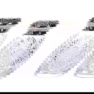 Pair Salt & Pepper Shakers, Plantation Size, ABCG, By Meriden: Pair Salt & Pepper Shakers, Plantation Size, American Brilliant Cut Glass, By Meriden, 4" x 2.5", Hobstar, Strawberry Diamond, Nailhead Diamond & Fan Motif, Hobstar Base, Sterling Silver Tops Marked W