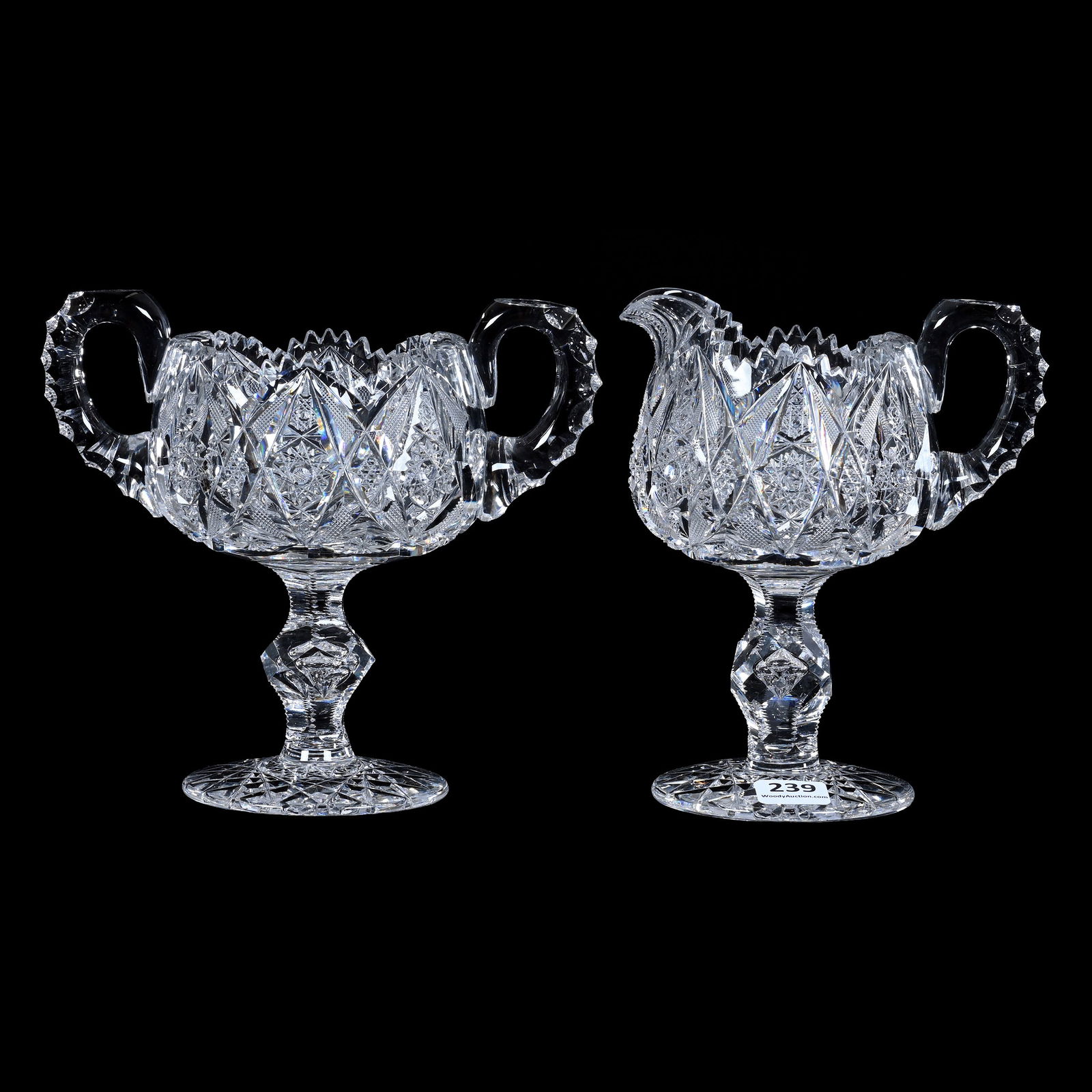 Pedestal Creamer & Sugar, ABCG, Well Cut Hobstar, Strawberry Diamond, Vesica, Nailhead Diamond, Cane (1 of 3)