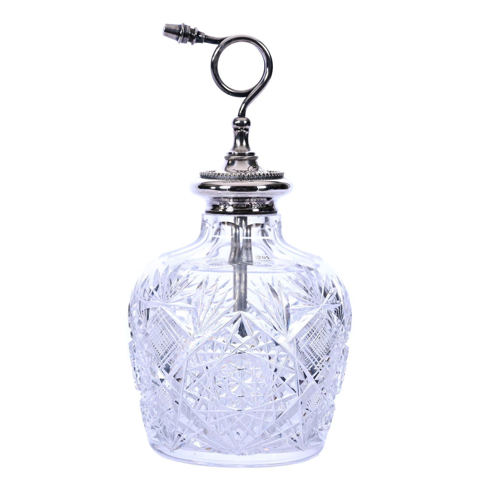 Unique Atomizer, ABCG, Hobstar, Strawberry Diamond & Fan Motif: Unique Atomizer, American Brilliant Cut Glass, Hobstar, Strawberry Diamond & Fan Motif, 7.25" x 3.75", Ray Cut Base, Sterling Silver Fittings Marked Gorham #1336D, Eleanor Eulau Collection.