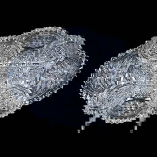 Fruit Bowl, ABCG, Excellent Quality: Fruit Bowl, American Brilliant Cut Glass, Excellent Quality, 5" x 12.75" x 9", Flashed Hobstar, Vesica, Russian, Prism, And Hobstar Motif, California Private Collection.