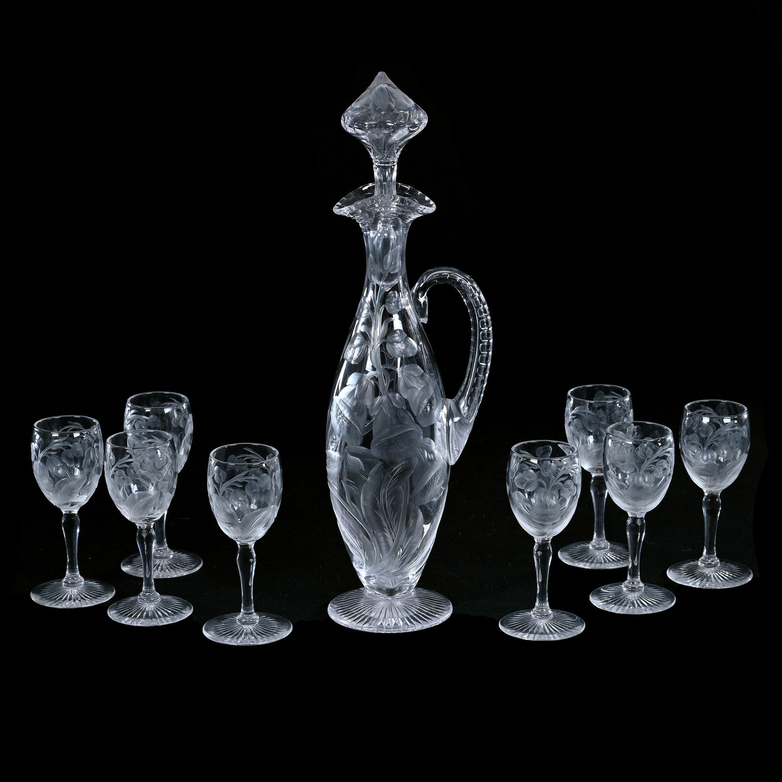 Liqueur Set, BPCG, Fantastic Engraved Bell Lily Decor, Pattern Matched Stopper (1 of 3)